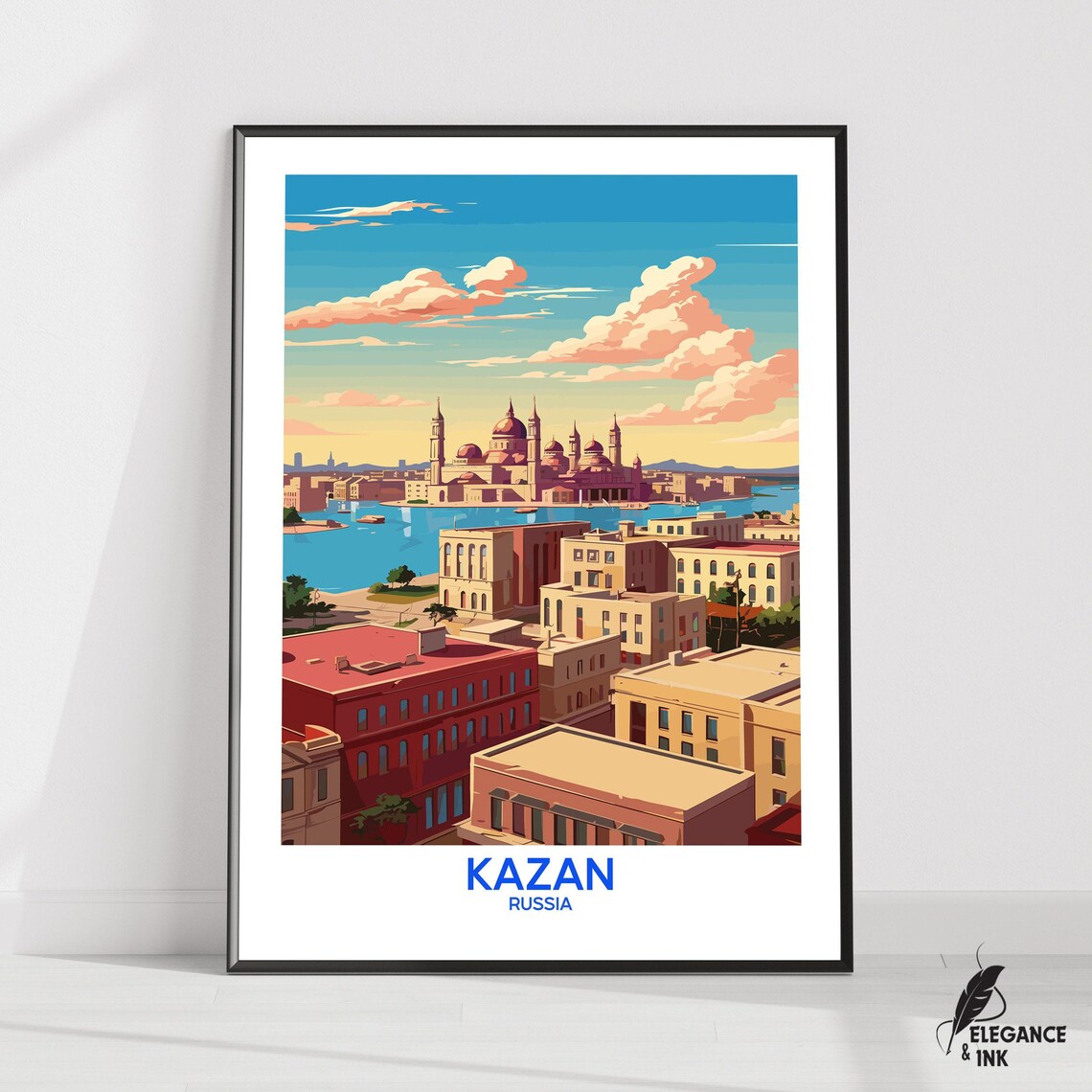 Kazan Russia Vintage Travel Poster with Kul Sharif Mosque Skyline View