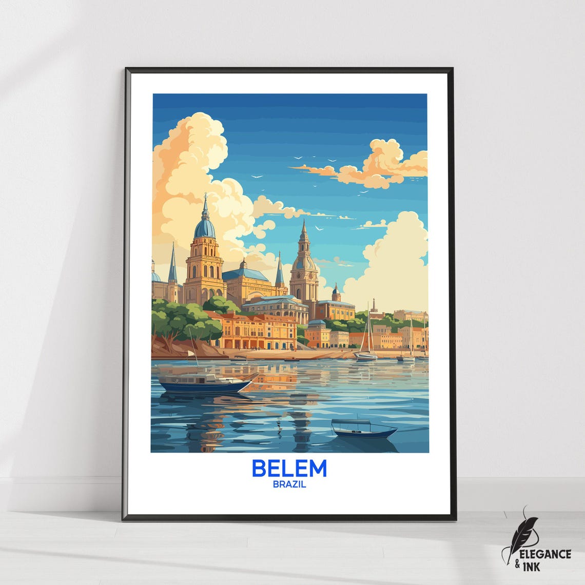 Belem Brazil Waterfront Cathedral Boats Vintage Travel Poster