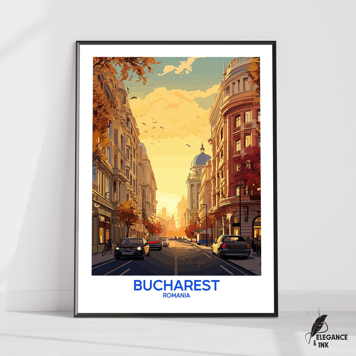Bucharest Romania Golden Hour Old Street European Sunset Travel Poster