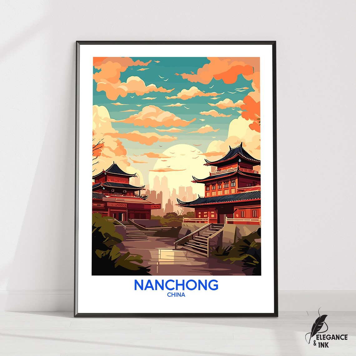 Nanchong China Twin Pagoda Travel Poster with Dawn Clouds Above