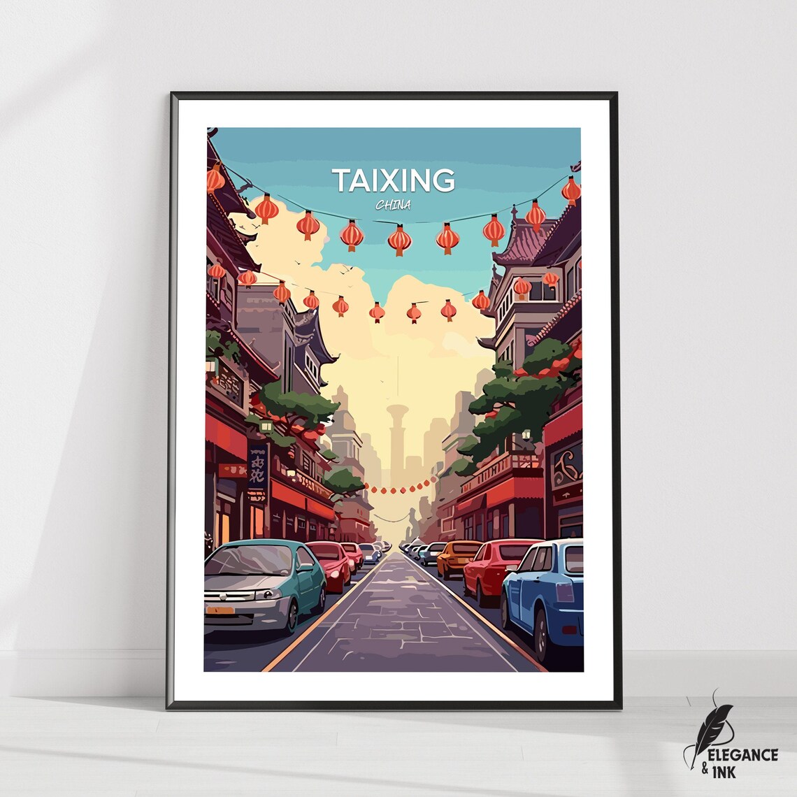 Taixing China Festive Lantern Street at Golden Hour Travel Poster