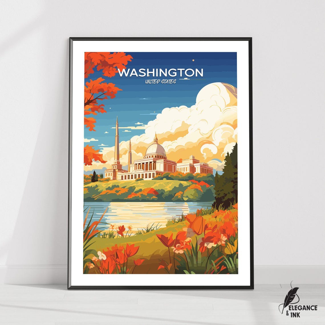 Washington DC Autumn Vintage Travel Poster With White Title Text