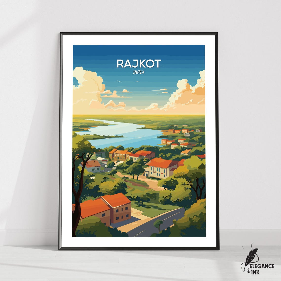 Rajkot India Red Rooftop Town Lakeside Vintage Travel Poster
