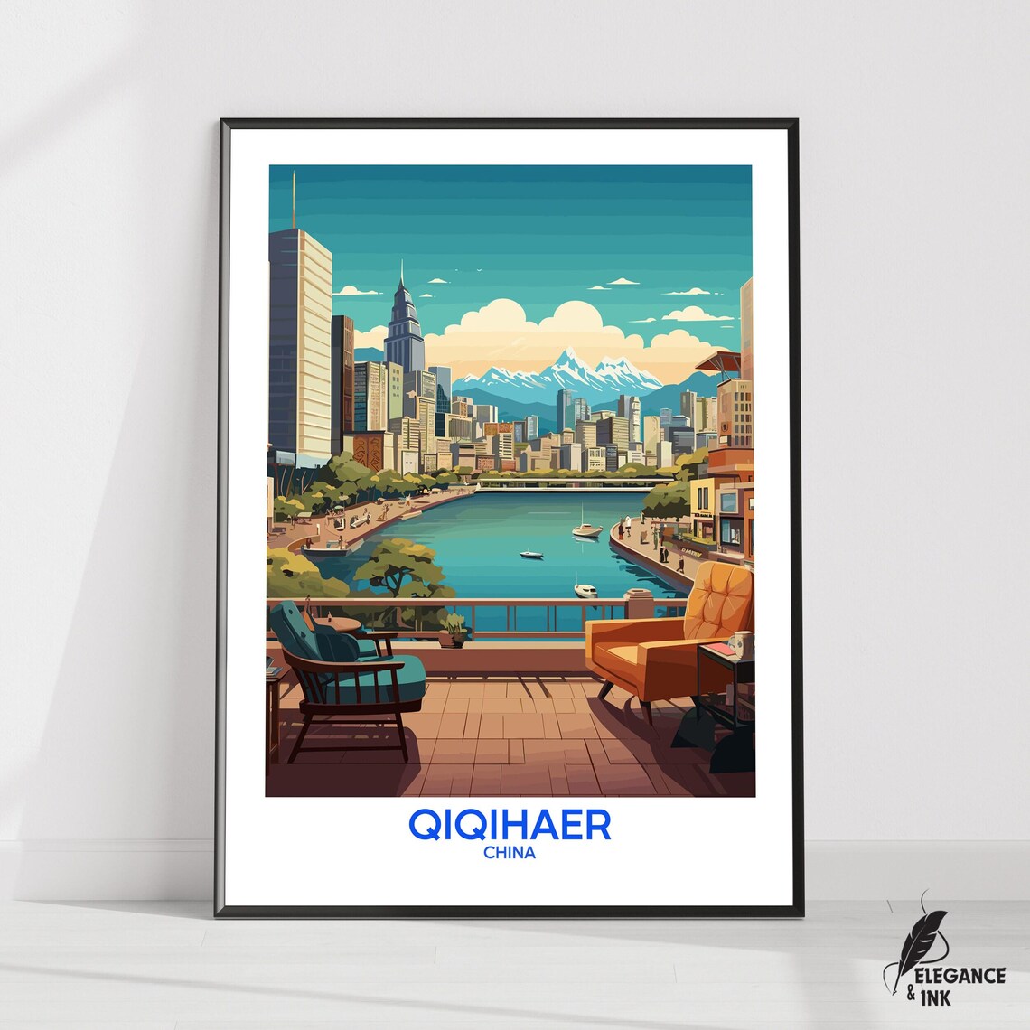 Qiqihaer China Harbor Terrace Illustration Retro Travel Poster