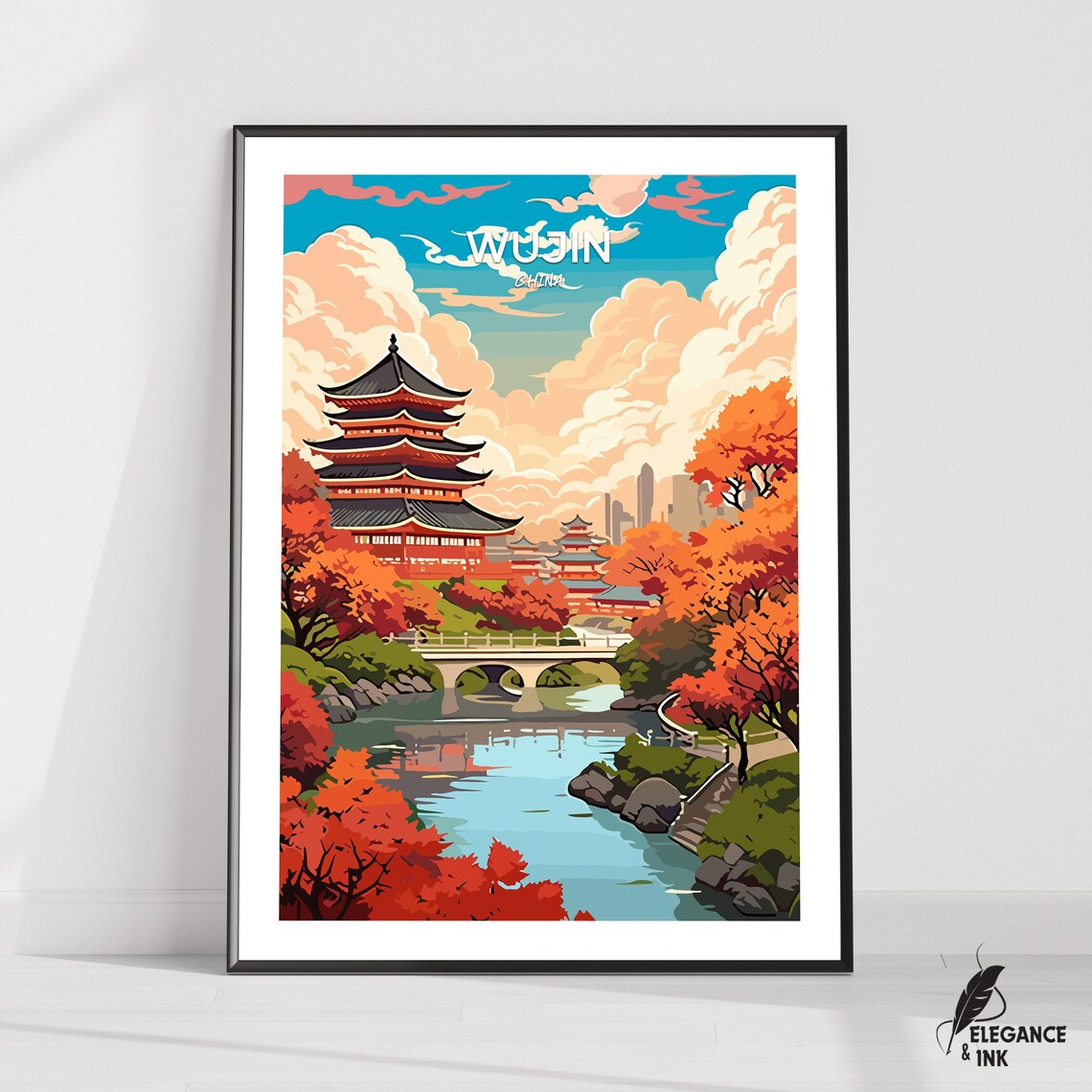 Wujin China Autumn River Pagoda Vintage Travel Poster Artwork