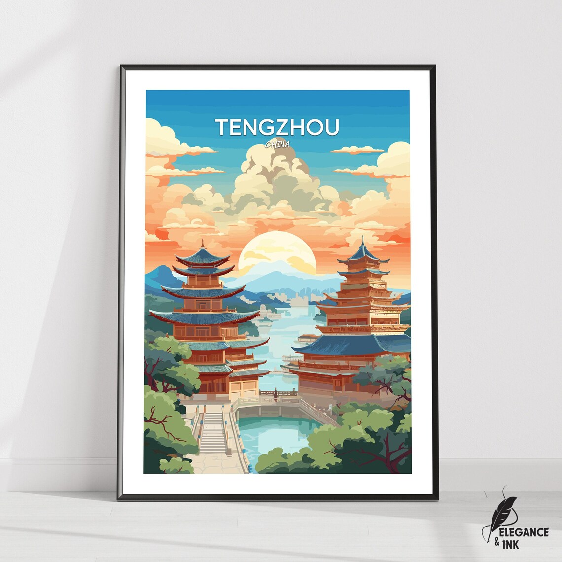 Tengzhou China Ancient Pagodas Reflecting on Water Travel Poster
