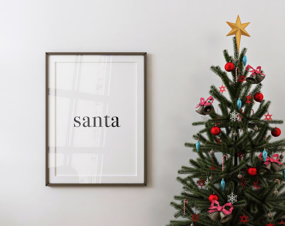 Santa Minimalist Christmas Word Print Black White Simple Holiday Decor