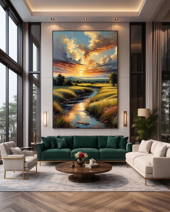 Golden Sunrise River Meadow Print Rustic Countryside Landscape Wall Art