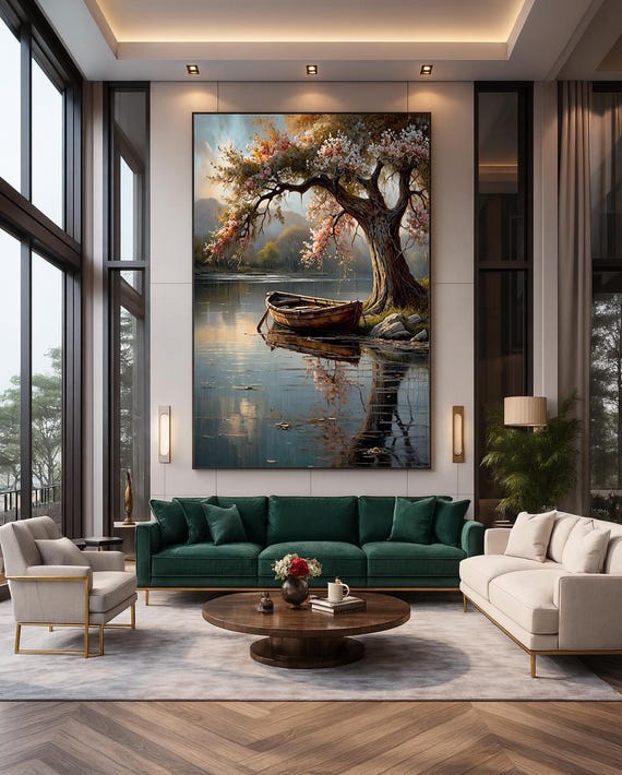Impressionist Lake Landscape Wall Art Wooden Boat Blossoming Tree Tranquil