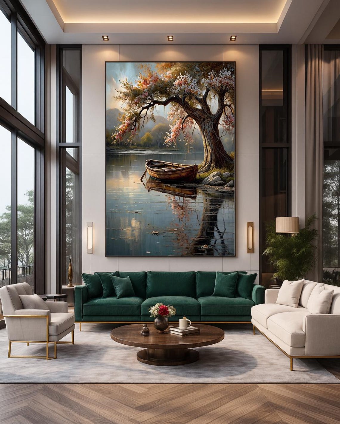 Wooden Boat on Misty Lake Under Blossoming Tree Impressionist Print