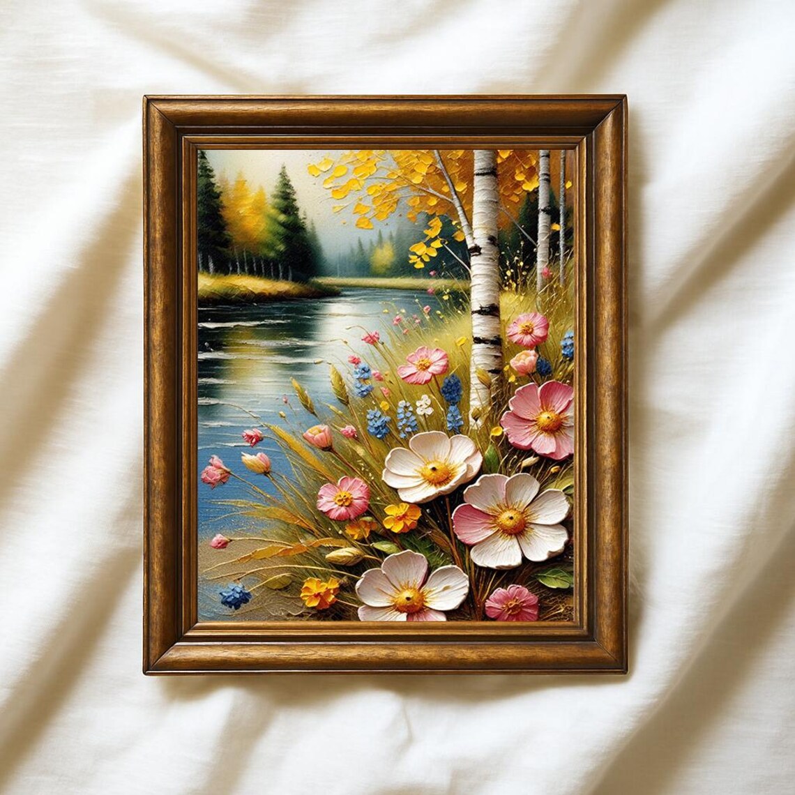 White Birch Trees And Wildflowers By Autumn Lake Floral Print
