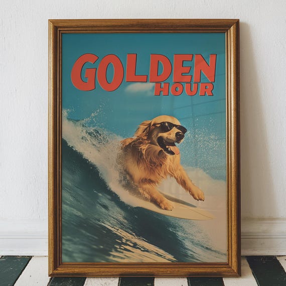 Retro Surfing Golden Retriever Art Print Beach House Decor Digital Download