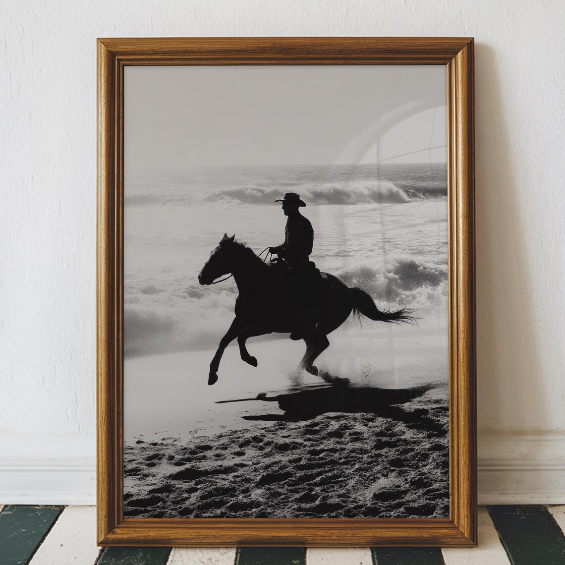 Vintage Cowboy Beach Art Print, Black and White Western