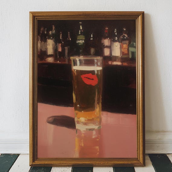 Red Lipstick Dive Bar Beer Wall Art Vintage Retro Guinness Cocktail Oil Painting Lucky Kiss Print Printable Digital Download