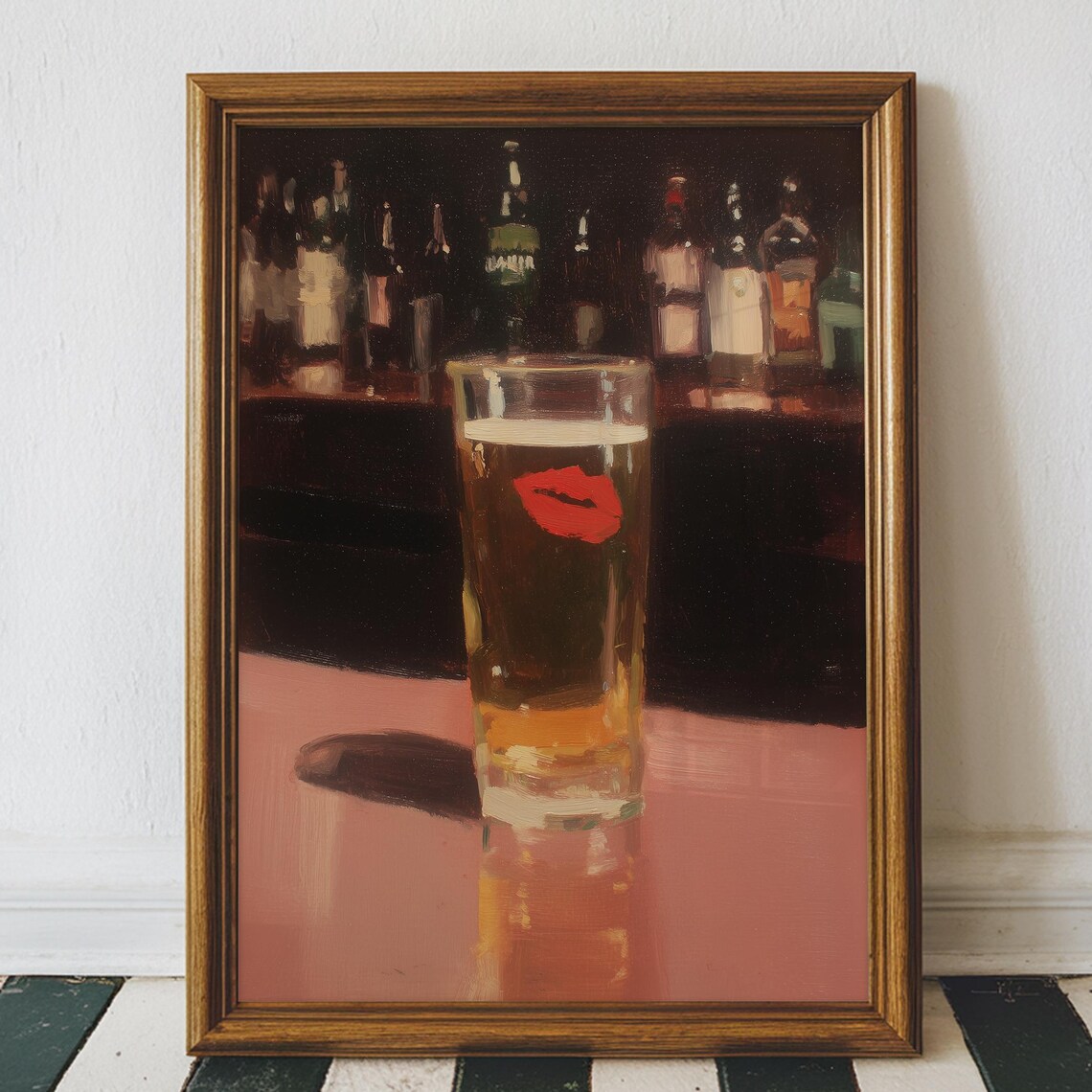 Red Lipstick Kiss Beer Glass Moody Dive Bar Vintage Oil Painting Poster