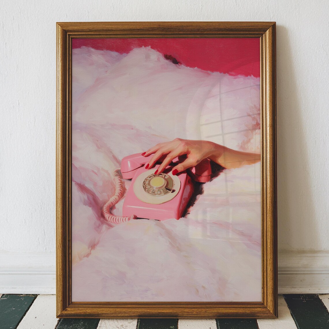 Pink Rotary Phone Red Nails Retro Glam 1970s Bedroom Decor Poster