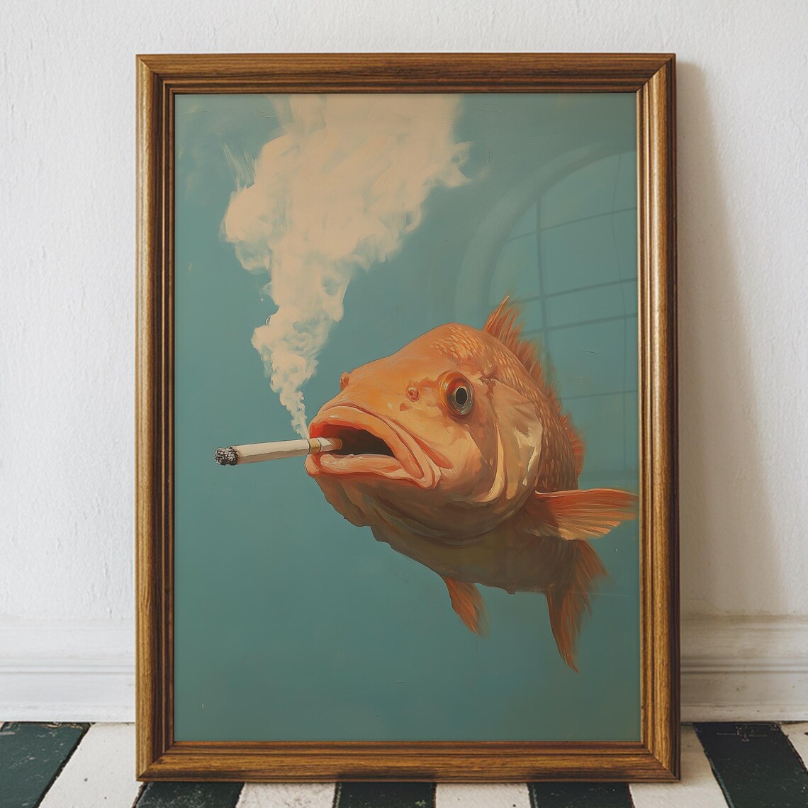 Funny Fish Smoking Cigarette Vintage Retro Goldfish Teal Aquatic Poster