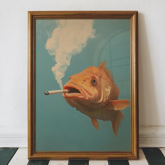 Funny Fish Smoking Cigarette Vintage Retro Goldfish Teal Aquatic Poster