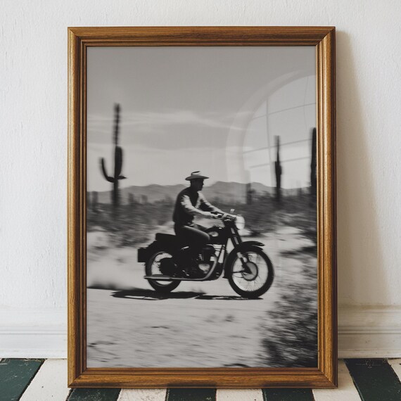 Vintage Cowboy Motorcycle Desert Poster, Western Sports Print