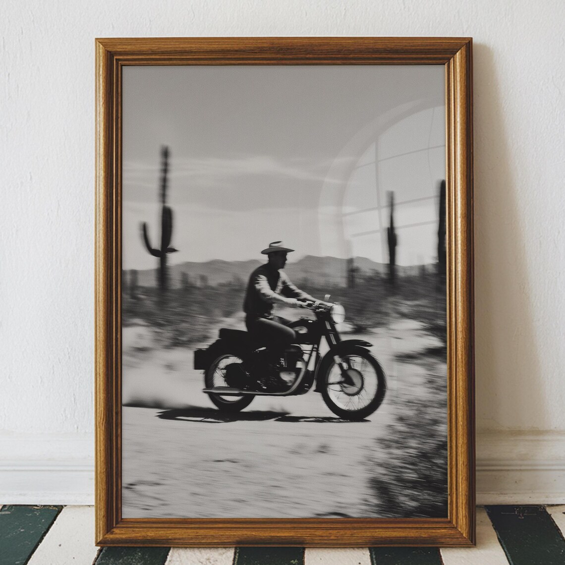 Vintage Cowboy Motorcycle Desert Poster, Western Sports Print