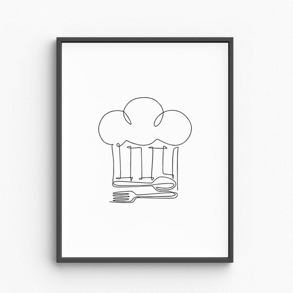 Chef Line Art Cooking Print Drawing Minimalist Wall Kitchen