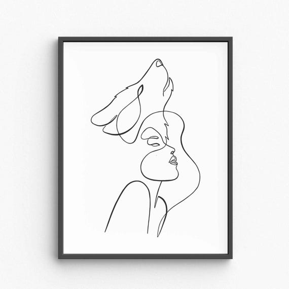 Minimalist Woman And Wolf Line Art Howling Silhouette Print Feminine Wild Spirit Poster Black White Drawing