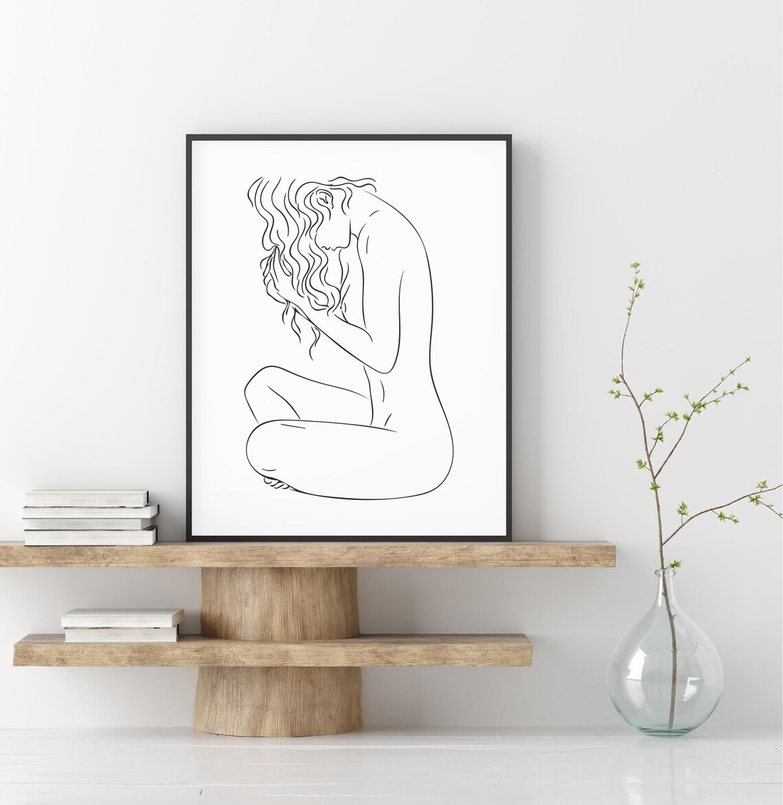 Seated Nude Woman Line Art Long Hair Elegant Female Figure Poster - Image 2