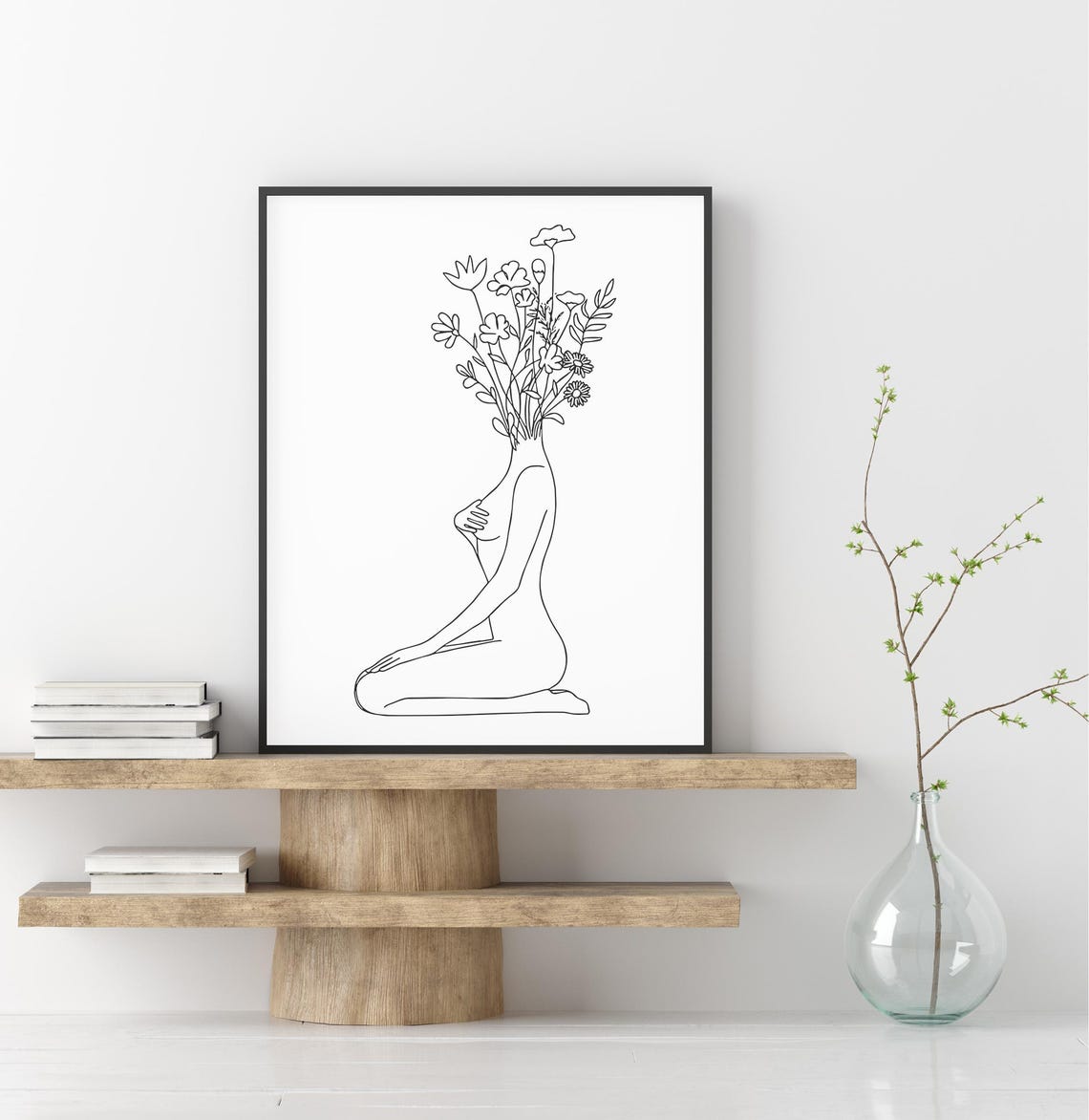 Flower Head Woman Line Art Kneeling Figure Blooming Crown Poster - Image 2