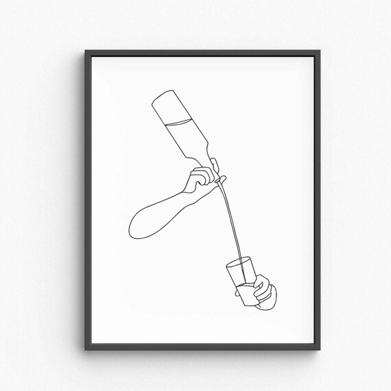 Hand Pouring Wine Bottle Single Line Drawing Minimalist Bar Art Poster