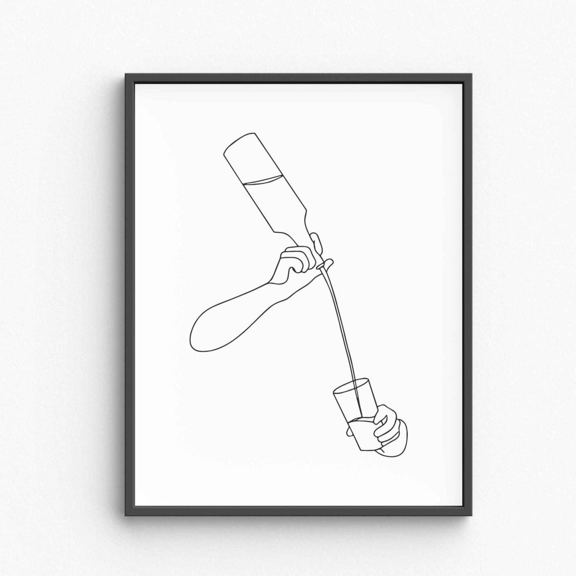 Hand Pouring Wine Bottle Single Line Drawing Minimalist Bar Art Poster