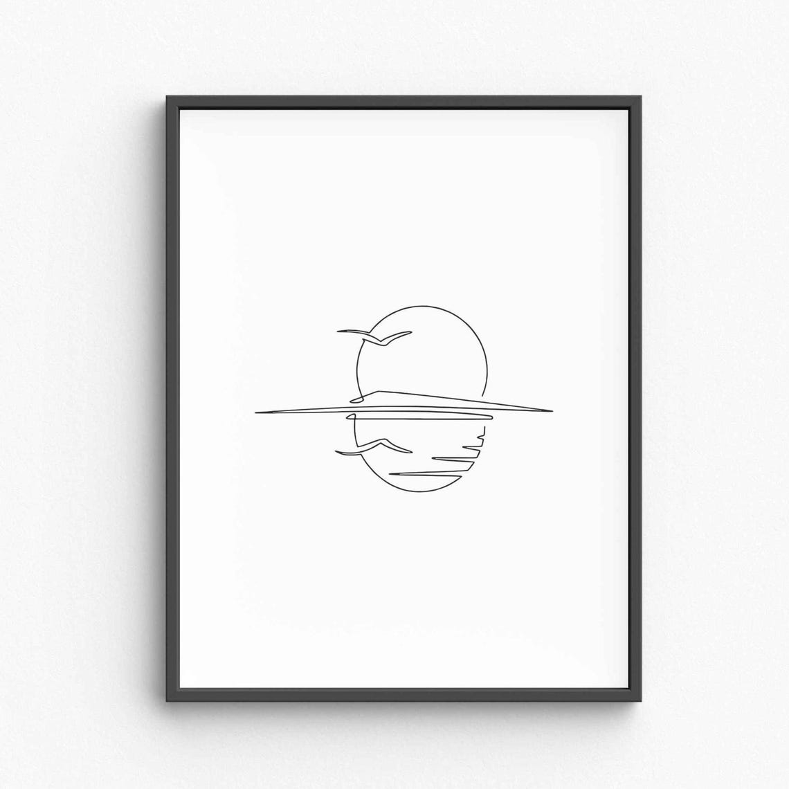 Ocean Sunset Continuous Line Drawing Minimalist Sea Art Poster