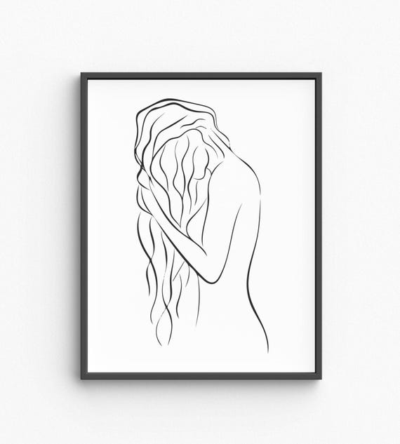Female Body Line Artfemale Hair Art Print Adult Nudity Drawing Nude Minimalist Wall Bedroom