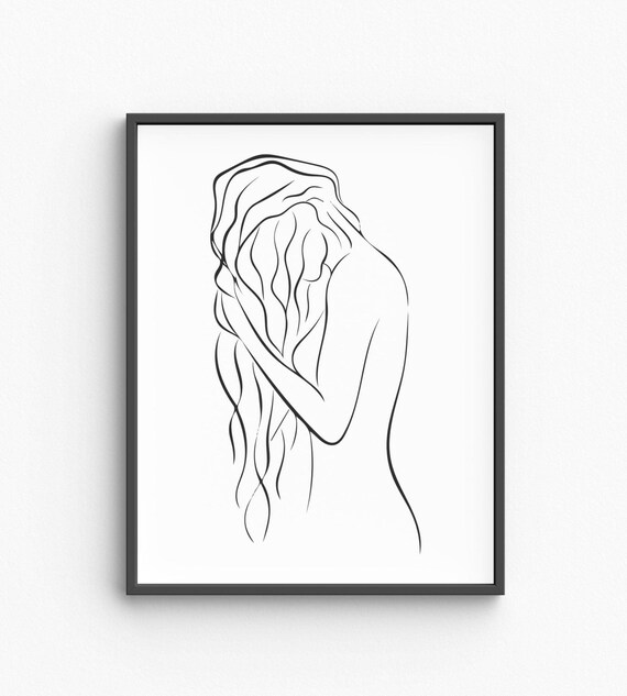Graceful Minimalist Woman Back Long Flowing Hair Line Art Poster