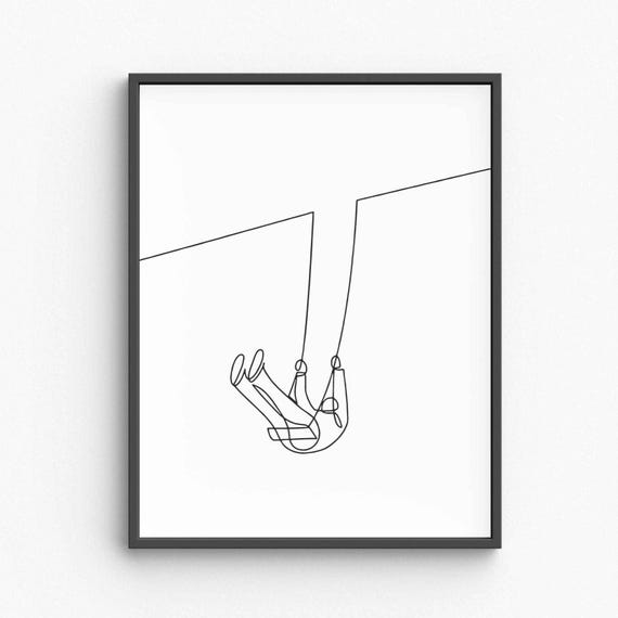 Minimalist Swinging Child Line Art Joyful Kid On Swing Drawing Whimsical Childhood Moment Sketch Home Nursery Wall