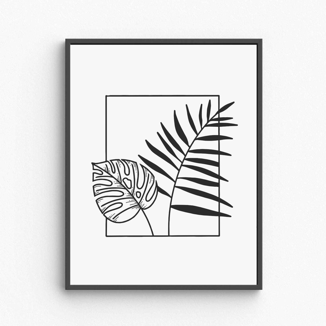 Monstera Palm Leaves Line Art Tropical Botanical Framed Poster