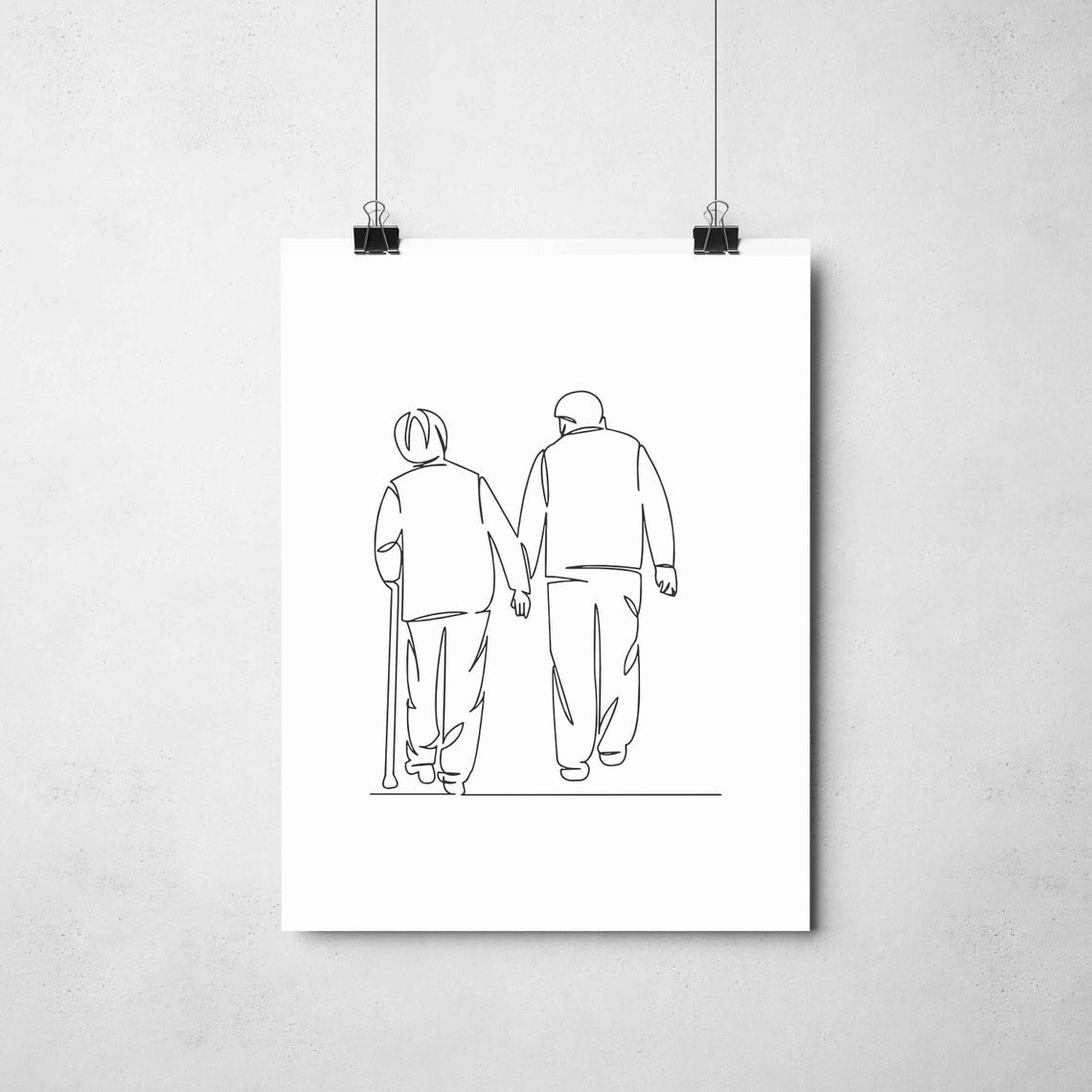 Elderly Couple Walking Hand In Hand Timeless Love Line Art Poster - Image 2