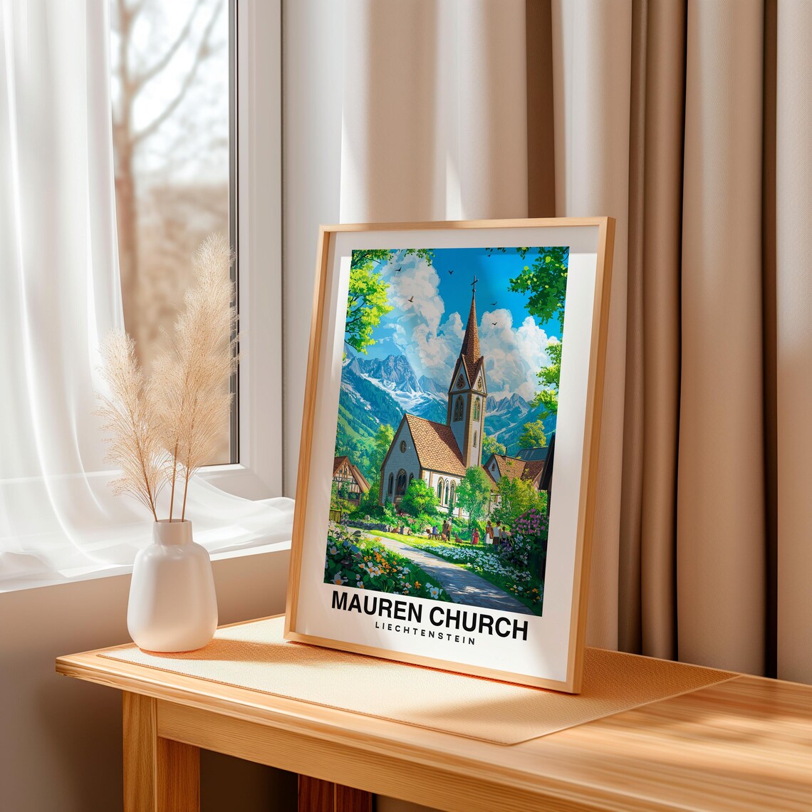 Mauren Church Liechtenstein Alpine Meadow Vintage Travel Poster - Image 3