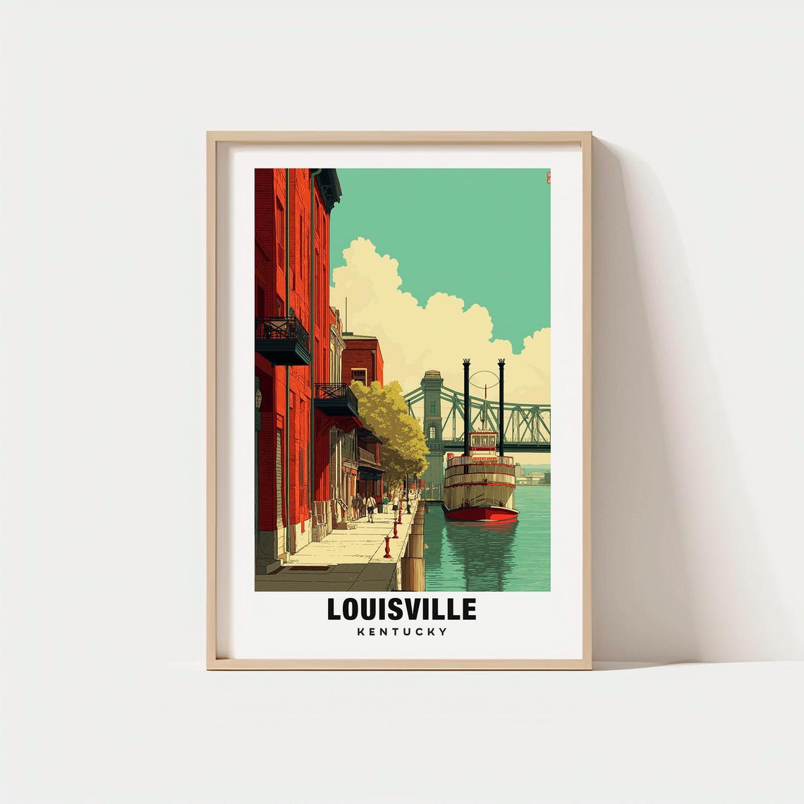Louisville Kentucky Riverboat Waterfront Bridge Vintage Poster