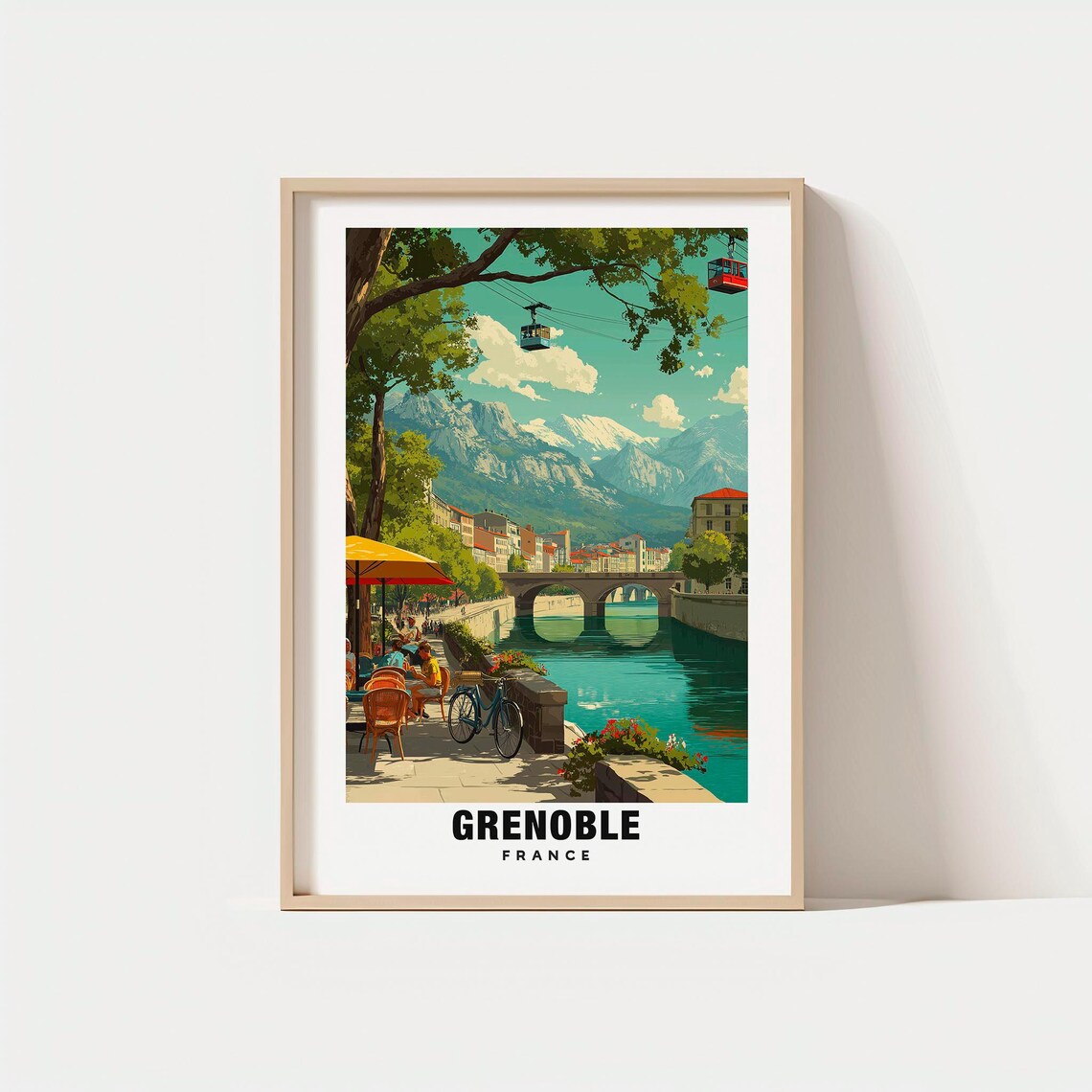 Grenoble France Riverside Cafes Cable Cars Alpine Views Travel Poster