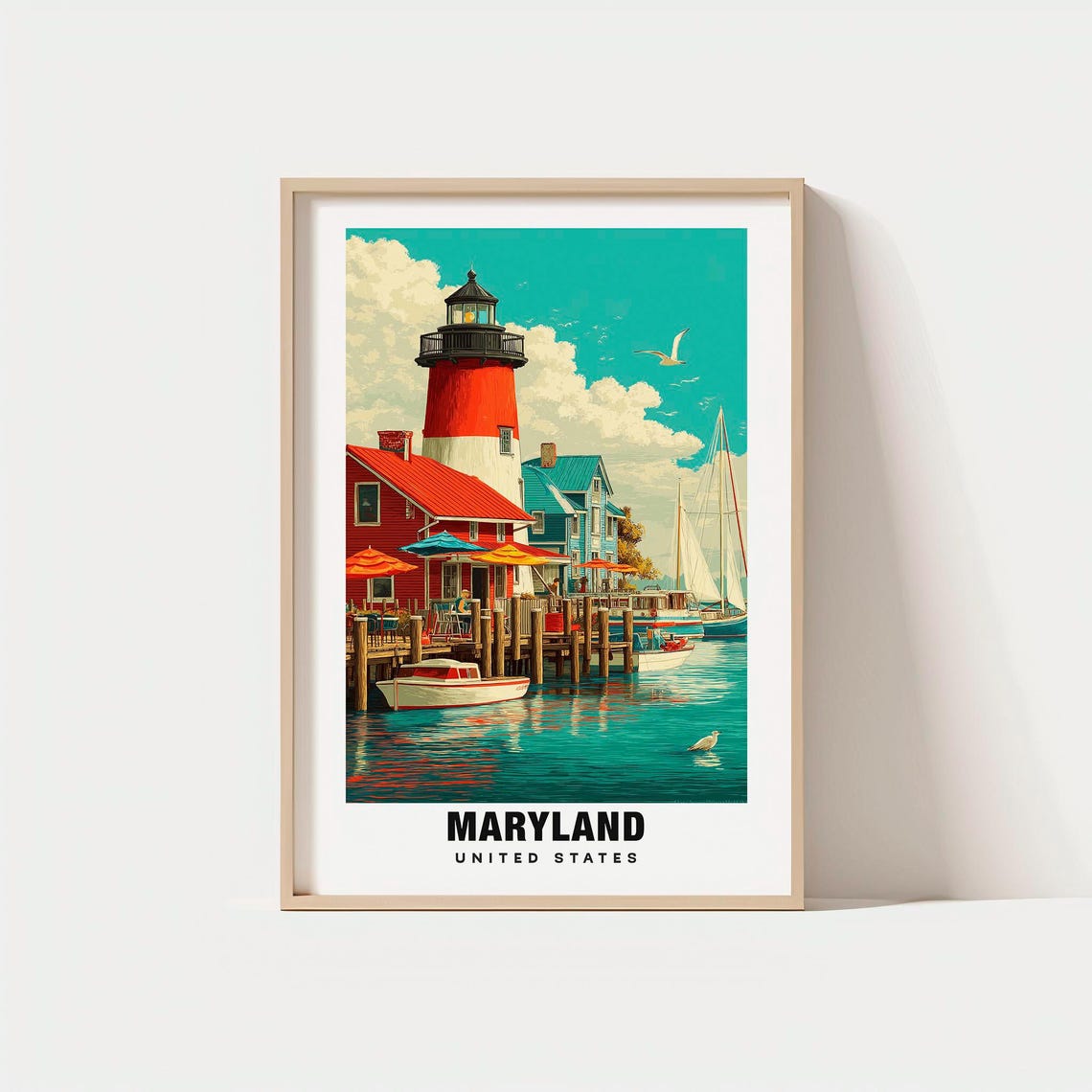 Maryland Chesapeake Bay Lighthouse Harbor Sailboats Travel Poster