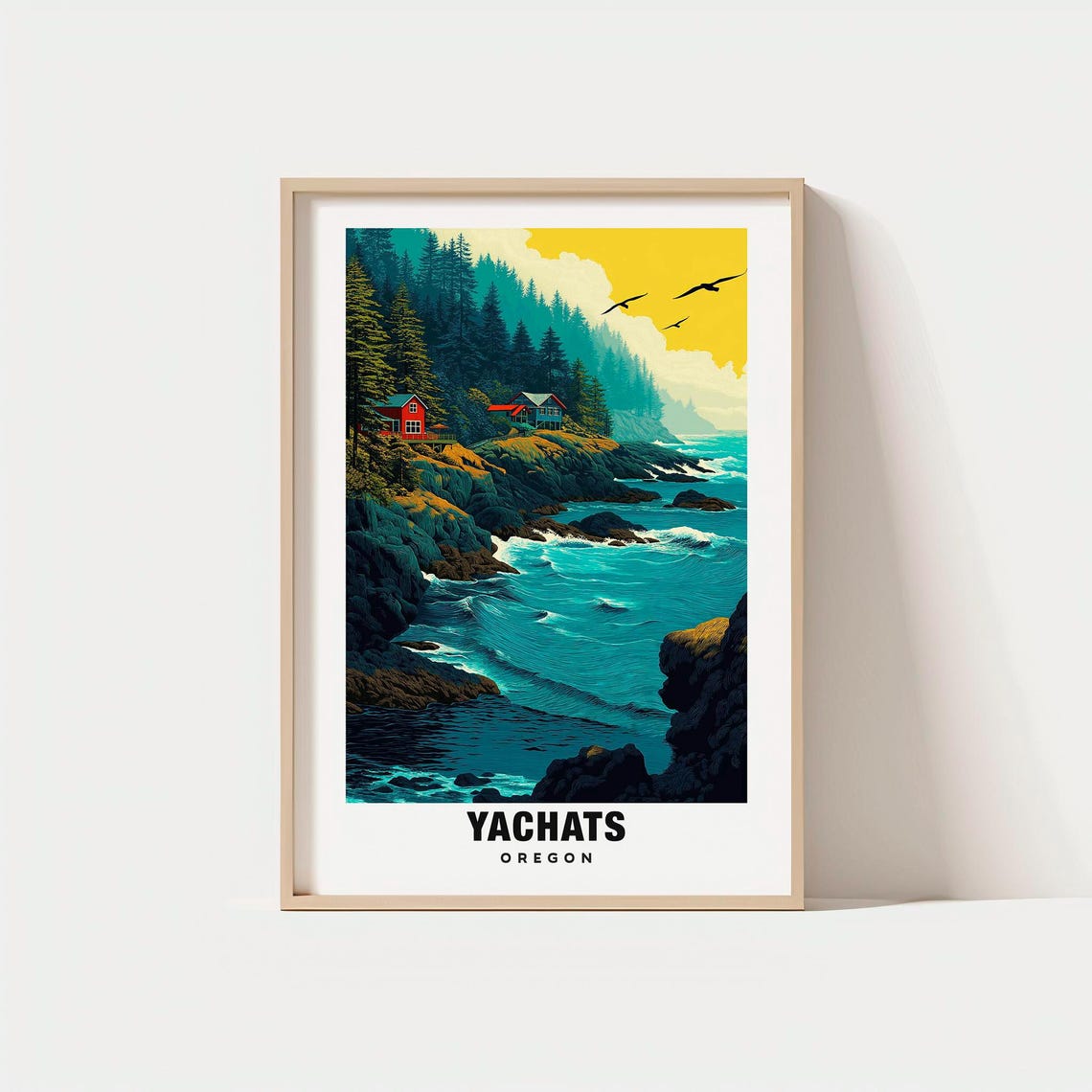 Yachats Oregon Rugged Coastline Waves Cabins Pine Forest Poster