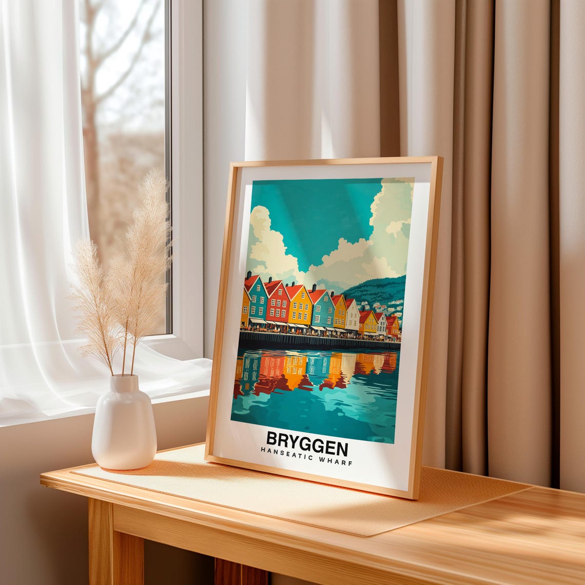 Bryggen Hanseatic Wharf Print Travel Poster Norwegian Art Historic Buildings Scenic Harbor Cultural Landmark Vibrant City Bergen - Image 3