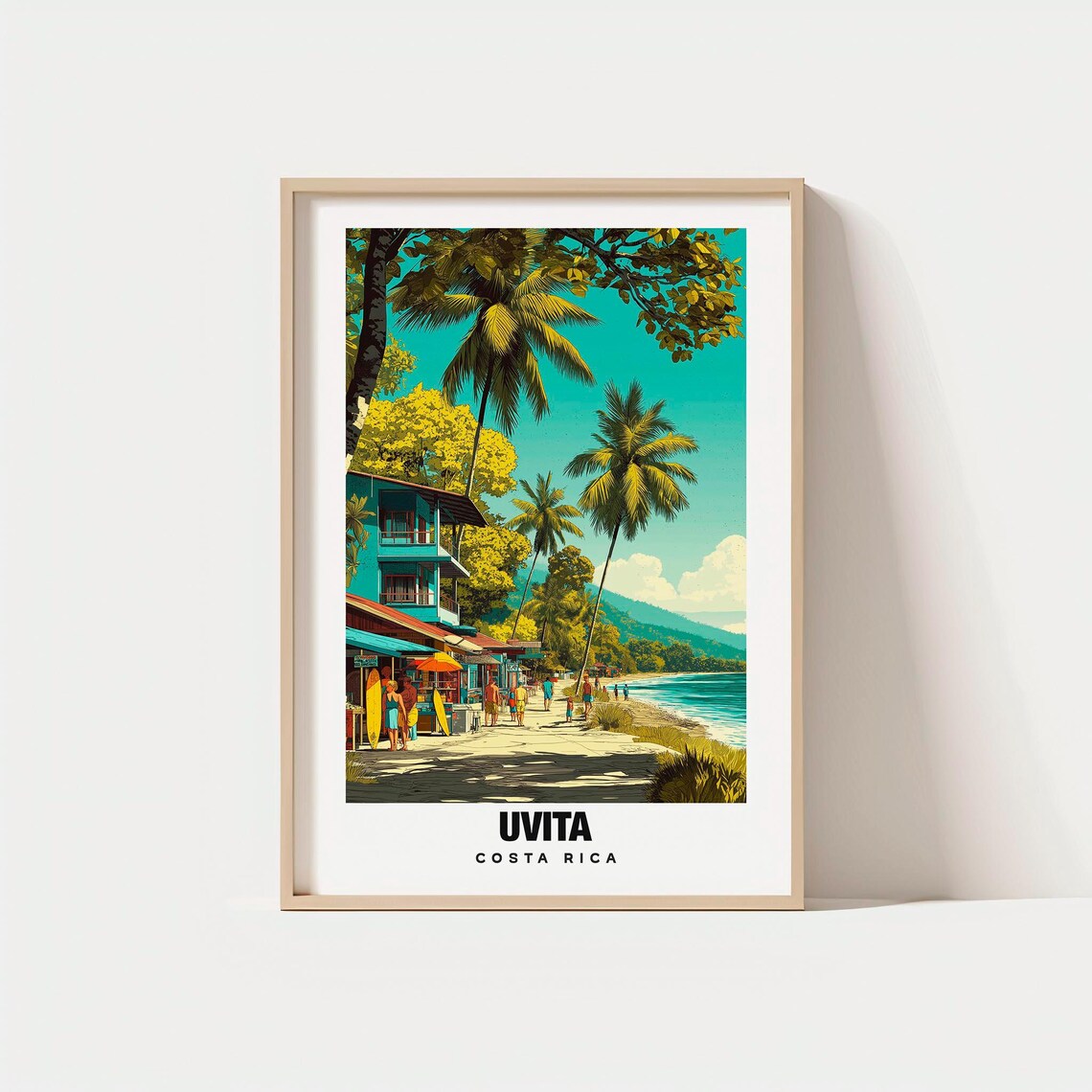 Sunny Uvita Costa Rica Beach Surf Shops Palm Trees Travel Poster