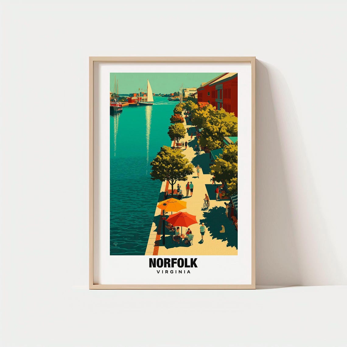 Norfolk Virginia Waterfront Promenade Sailboats Vintage Travel Poster