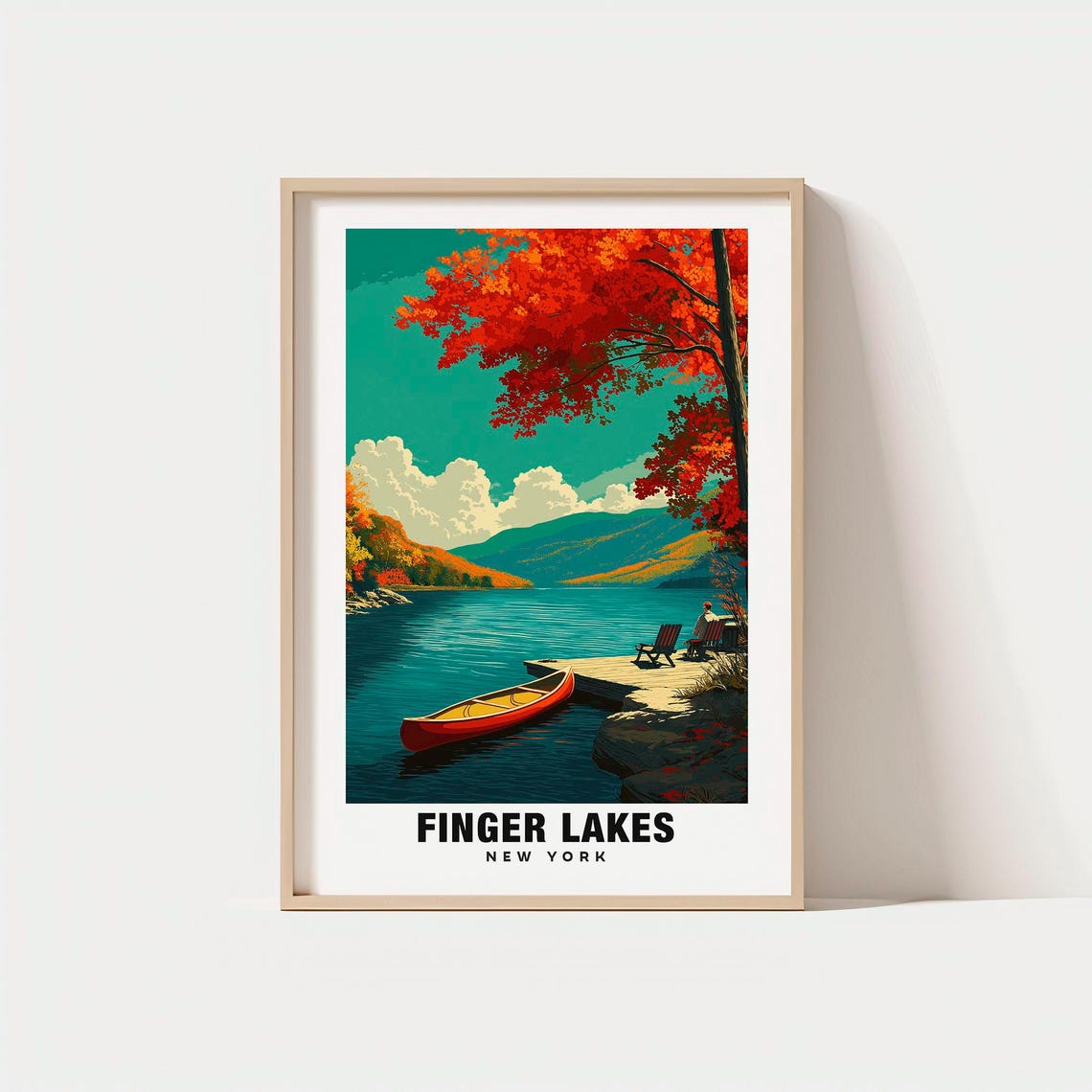 Finger Lakes New York Autumn Lakeside with Red Canoe and Dock Poster