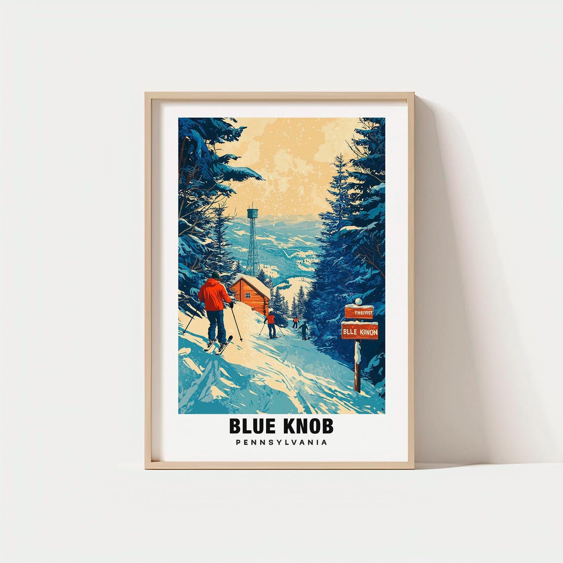 Blue Knob Pennsylvania Ski Slope Cabin Tower Vintage Travel Poster