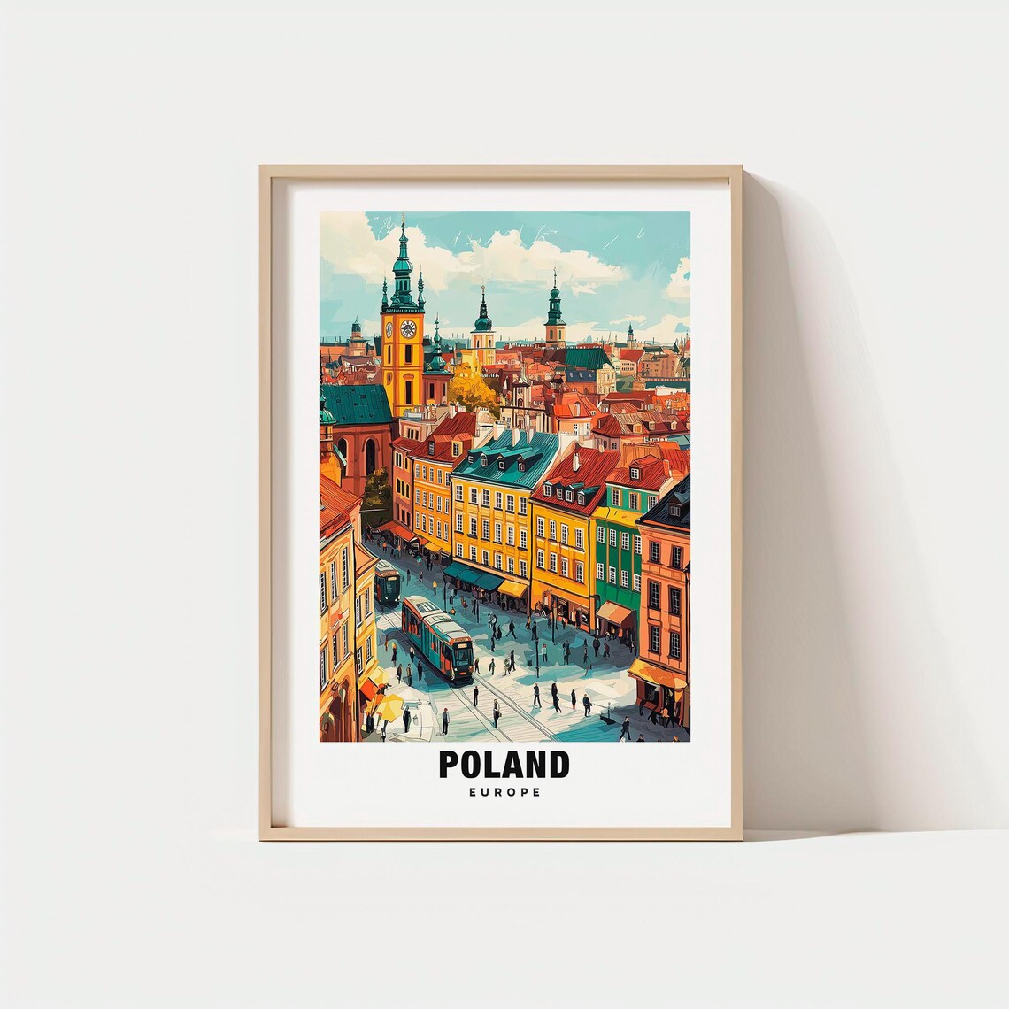 Poland Old Town Square Tram Colorful Houses Churches Europe Poster