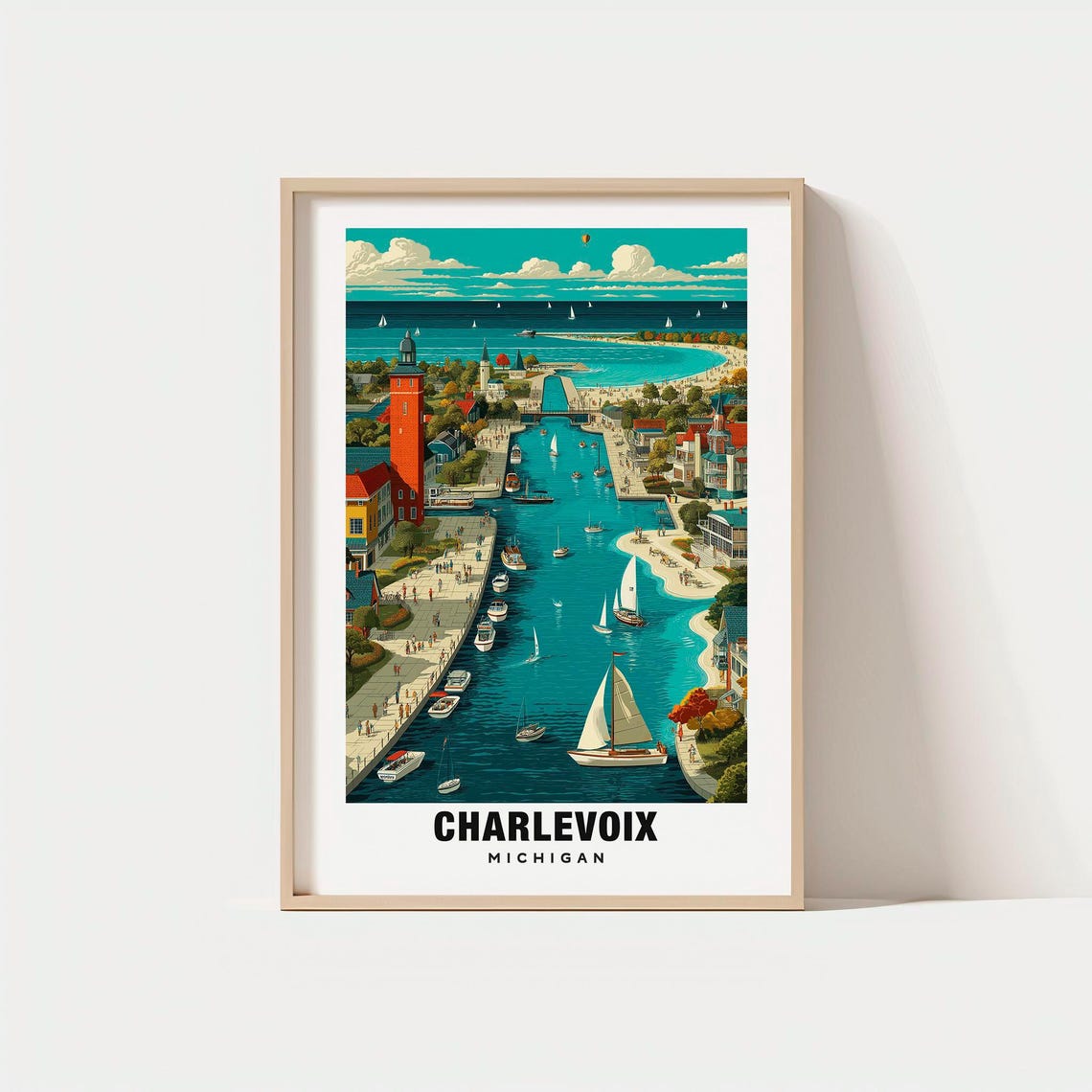 Charlevoix Michigan Harbor Aerial Sailboats Lighthouse Poster