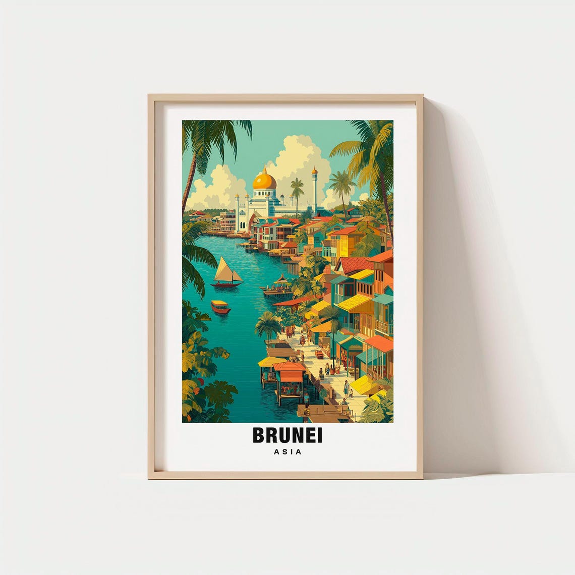 Brunei Asia Riverside Village Golden Dome Mosque Boats Poster