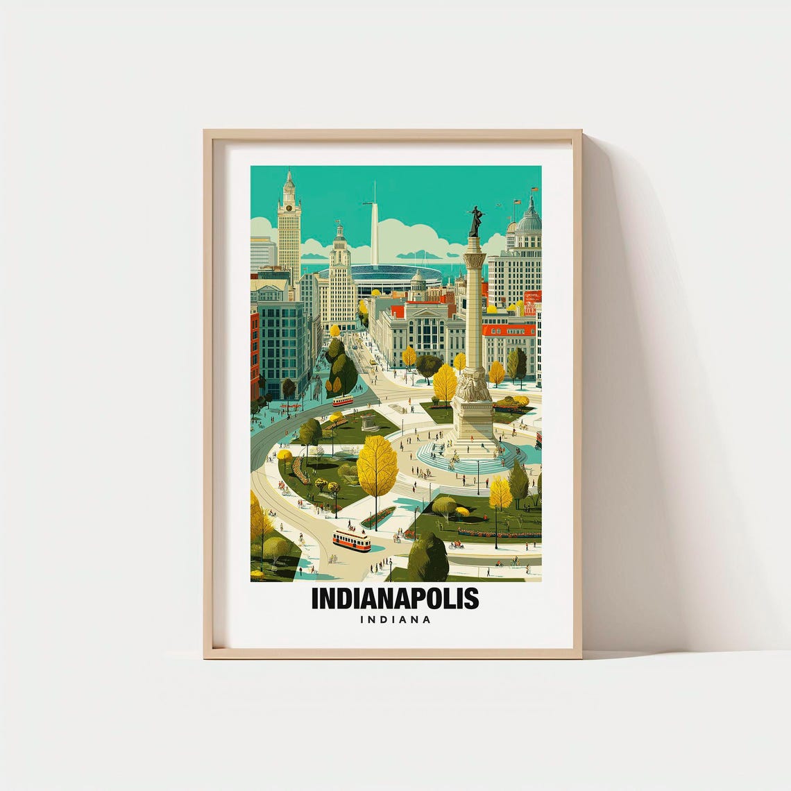 Indianapolis Indiana Monument Circle Skyline Vintage Travel Poster